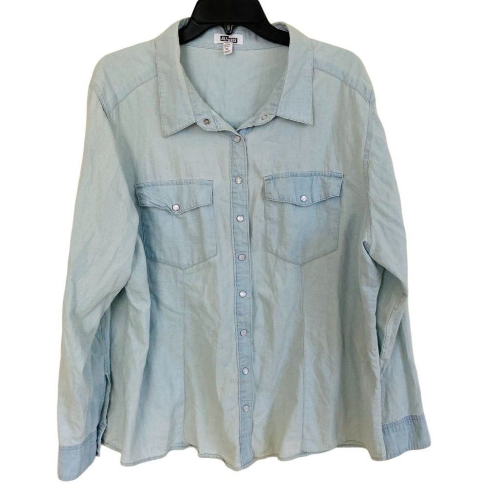Vintage Ali & Kris Pearl Snap Vintage Long Sleeve Button-Up Shirt Light Blue 3X